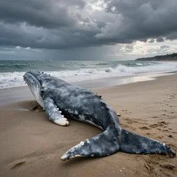 a grey dead whale mobydick washed up on a beach