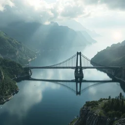a fantasy black bridge across a big lake, aerial view, matte painting by raphael lacoste trending on artstation