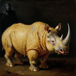 half boy half rhino made of spaghetti, by giuseppe arcimboldo and ambrosius benson, renaissance, intricate and wet oil paint, a touch of beksinski, realistic