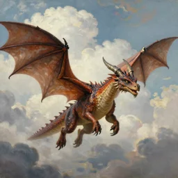 medieval fantasy, soft, realism oil painting, an adorable flying dragon, as an anatomically accurate quadruped, surrounded by cumulus clouds, art by peter mohrbacher, and tim hildebrandt, as a book cover illustration, lifelike, cinematic composition, ultradetailed, tightly focused image