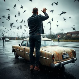 thousand men falling from the sky, a man standing next to an old car in the rain, camera from behind, trending in artsation, stefan koidl