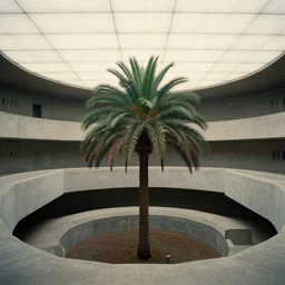 noisy color photograph of a palm tree growing underground in a hidden facility, sky made of ceiling panels, retrofuturism, staggered terraces, centered palm tree growing out of concrete, hidden area, unknown space, minimalist,  cinematic, soft vintage glow