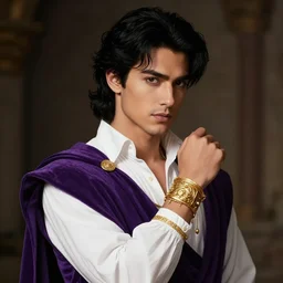 a portrait of a male version of esmeralda from hunchback of notre dame, young adult in his 2 0 s, black elegant hair, white shirt, elegant clothing, handsome, medieval purple garb, he is wearing golden bracelet and jewelry, style by donato giancola, wayne reynolds, jeff easley dramatic light, high detail, cinematic lighting, artstation, dungeons and dragons