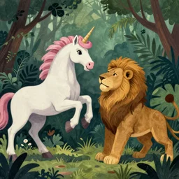 A unicorn fighting with a lion, nature, epic, jungle, Henri Rousseau