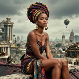 movie portrait closeup a beautiful colorful fashion icon jamaican geisha woman is sitting on the top of a roof. beautiful natural skin, the amazing floating neoclassical city, fantasy, steampunk, intricate, amazing composition, gloomy by emmanuel lubezki