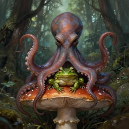 cthulhu octopus frog sitting on big mushroom, full body shot, highly detailed, forest, digital painting, concept art, sharp focus, illustration, masterpiece, matte painting, glorious, unsettling, by lovecraft and greg rutkowski, luis royo and wayne barlowe, artstation