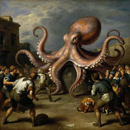 painting of a giant octopus in an italian square crowded with frightened people in 1800s, Caravaggio