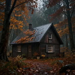 autumn, house, forest, rain, dark, octane render, artstation, unreal engine 5 highly detailed, epic composition,