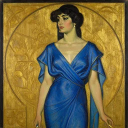 a painting of a woman in a blue dress, an art deco painting by gaston bussiere, cgsociety, fantasy art, matte drawing, egyptian art, chiaroscuro
