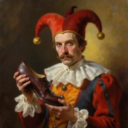 greg manchess oil matte portrait painting, man with mustache in jester clothes holding a shoe, fantasy, wonderful masterpiece highly detailed, scifi, beautiful cinematic light deep focus, elegant, digital painting, smooth, sharp focus, golden ratio, dramatic illumination, ultra realistic, 4 k, art by greg rutkowski wlop rossdraws