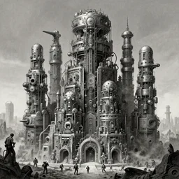 b & w inks of 4 character, tiered flayed medical hell machines, cluster tiered heirarchy, battle chaos, mainframe hydrocracking battles, medical chromed, dystopian, by wayne d barlowe, h r giger, simon bisley & boris vallejo, enric torres, hyper realism, narrative light, muted colors, epic, hyper detailed, awe inspiring, award winning