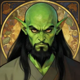 character portrait, green skin, beautiful eyes angry, handsome d & d female orc ; monk ; with black hair and black beard, alphonse mucha, rhads, ross tran, dungeons and dragons character art commission, artstation, artgerm, 8 k