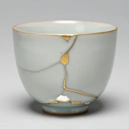 a photo of a kintsugi repaired mug, gold repair, high detail,