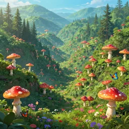 Mushroom city, mushroom houses, architecture, mushrooms, scenic, lush, forestry, forest, flowers, butterflies, vast, expansive landscape, depth, 8k, trending on art station