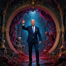 Joe Biden opens the unspoken portal, ushering in 10,000 years of darkness, evil, chaos, ornate, horror, detailed, bloodborne, colorful