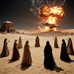 the mass battle scene between bene gesserit women and harkonnens in the desert near the abandoned buildings in night arrakis desert, spaceship exploding, laser guns, film still from the movie by alejandro jodorowsky with cinematogrophy of christopher doyle and art direction by hans giger, ultra wide anamorphic lens, kodakchrome, 8 k,