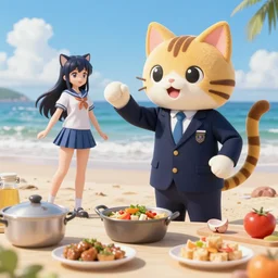 4 5 mm 1 9 8 7 cooking food photography of an corporate mascot at a beach summoning an anime catgirl, photography by tyler mitchell johfra bosschart