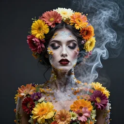 portrait of a Smokey woman made of flowers and smoke