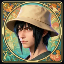 a head and shoulders portrait from Final Fantasy XIII, black hair, tan trenchoat, neon, retro, smooth, sharp focus, intricate, artstation, detailed concept art by Rutkowski and Mucha and sky sewa and Marc Simonetti