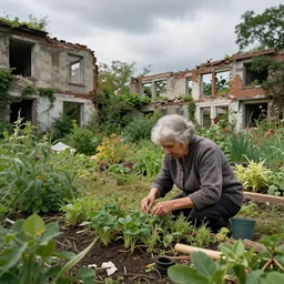 old lady working in a craft garden in washington dc's ruins, vegetation, collapsed buildings, debris, cloudy day, volumetric light, hyperdetailed, artstation, cgsociety, 8 k