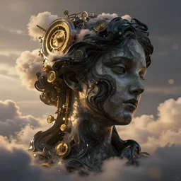 epic illustration, abstract sculpture of beautiful female face and black swirling liquifying acrylic portrait, fluffy clouds, mechanical superstructure, glowing edges, golden hour, beautiful light, sculpture of carving marble, dark colors, dark mood, one point light, golden spirals, clockwork, epic matte painting, concept art, bokeh, digital painting
