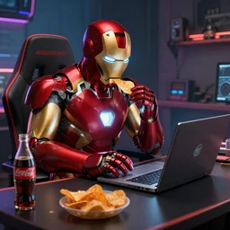 iron man eats chips and plays laptop in detailed gamer room, coke and chips on table, gamer concept art, trending on artstation, highly detailed, digital art, 8 k