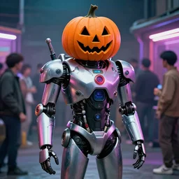 mecha suit mark zuckerberg wearing a pumpkin costume, cybercore ravecore, robot, in 1 9 8 7, scene from a kiyoshi kurosawa movie