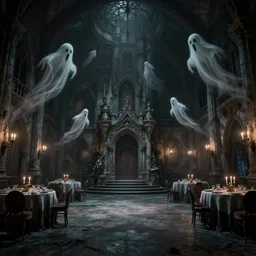 interior view of a dark and gritty surrealist castle ball room with ghosts and spectres flying all over the place, in the style of the best artist possible