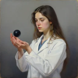 an oil painting of a beautiful young female scientist holding a small black hole in her hand, style by jordan grimmer and greg rutkowski, elegant, sharp focus, morandi color scheme, illustration, high quality, highly detailed, long hair, digital art, science fiction art style, art station