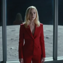 a still from bladerunner 2 0 4 9 of elle fanning looking anxiously into the camera in a tailored red suit standing next to a plate glass window. outside we see the surface of the moon. sci fi, futuristic, cinematic, soft lighting, sci fi, bladerunner, canon eos r 3, f / 3, iso 2 0 0, 1 / 1 6 0 s, 8 k, raw, unedited