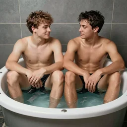 Photograph of two guys in a hot tube sitting five feet apart. High resolution. Highly detailed.