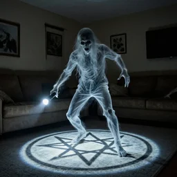 transparent horror demon evil spirit attacks in living room with summoning circle pentacle out interior photos shot on iphone, dynamic pose, full body shot, sharp focus, grainy, corpse, paranormal flashlight, deep night,,