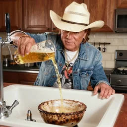 photograph of Jon Bon Jovi with cowboy hat pouring beer from a tap into a dirty bowl in the kitchen sink