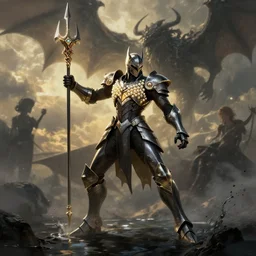 dark knight in light armor wielding a magical lance, slaying a sky beast, full body heroic pose. dark water, cyberpunk pearl armor, futuristic fantasy, highly detailed, digital painting, trending on art station, concept art, sharp focus, edge light on armor, golden hour, rembrandt, illustration, art by artgerm and nixeu and greg rutkowski and magali villeneuve.