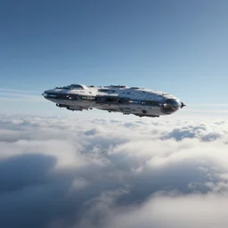 an alien ship flies high above a thick sea of clouds, with blue sky above, sci-fi concept art, unreal engine 3d