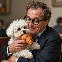 friendly french man wearing glasses hugging a small fluffy white dog while eating a croissant, fantasy, high detail, elegant, digital painting, cinematic lighting, vibrant, intricate, textured skin, highly detailed, artstation, sharp, focus, hdr, unreal engine 5, breathtaking, illustration, anna dittmann, ilya kuvshinov, nikolay makovsky