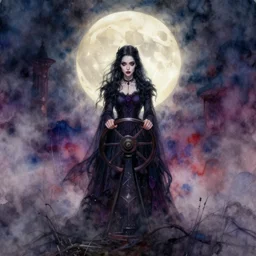 full body portrait, long shot, of a gothic girl stearing at the bright full moon, colorful mist, magical vibe, by pete mohrbacher and greg rutkowski, watercolor painting, deviantart, pinterest