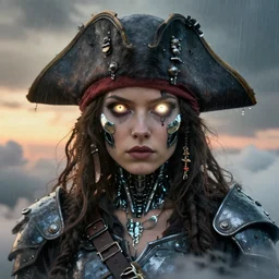 symmetry! closeup biblical diabolical pirate cyborg girl! stylish armor, heavy eyes to the side, closeup, bright glowing eyes, in clouds, rain, sunset, portrait, by gerald brom, by mikhail vrubel, by peter elson, muted colors, extreme detail, mirrors, trending on artstation, 8 k