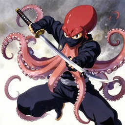 key anime visuals of an octopus ninja, fighting with a katana. highly detailed, intricate, directed by makoto shinkai, anime manga style, trending on art station.