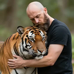 Realistic Photogragraph from a bearded and bald man cuddles a Tiger, 8k Photo