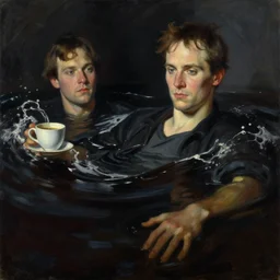 coffee, dale cooper drowning in coffee, waves of black liquid, painting by jc leyendecker! phil hale!, lynchian!!!! ominious, dark lighting, angular, brush strokes, painterly, vintage, crisp