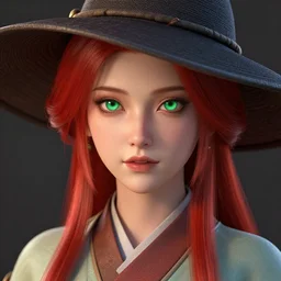 stunning render portrait of a beautiful oriental woman with red hair wearing a hat, her eyes are green. 4 k, daz, octane, zbrush, maya, 8 k, artstation.