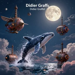 whales jumping over steampunk airships on a cloudy night lit by the full moons in the sky, by Didier Graffet, by Min Guen, by Giovani Magana, vivid colors