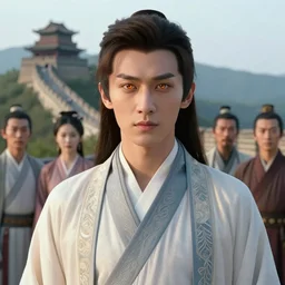 sam hyde in hanfu suit, sigma male, accurately portrayed, rule of thirds, by jakub rebelka, martine johanna, wadim kashin, dino valls, great wall of china in the distance, very detailed, smooth, sharp focus, octane render, close up, face anatomy masterpiece, glowing eyes