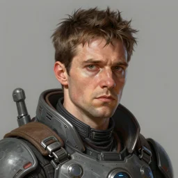 Portrait of a man by Greg Rutkowski, he is about 30 years old, Nordic and Hebrew factions, messy brown short hair, strong, tired expression, father figure image, he is wearing a futuristic space gear, highly detailed portrait, scifi, digital painting, artstation, concept art, smooth, sharp foccus ilustration, Artstation HQ.
