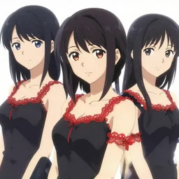 makoto shinkai, artgerm, ilya kuvshinov, beautiful anime women with black red and red lace trim, black and red hair, wind powers symmetrical face, symmetrical eyes, detailed, field setting, cinematic lighting