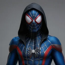 spiderman in blue and black suit and black hood, detailed, hyper realistic