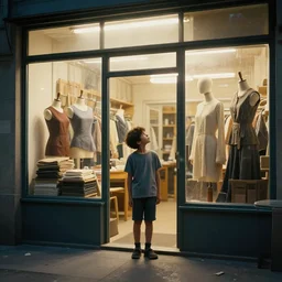 kid standing in front of the tailor shop, staring at the mannequin, calming, uplifting mood, ultra realistic, factory, funny, highly detailed, epic lighting, illuminated, cinematic, morning, art by eddie mendoza and simon stalenhag