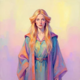 A vibrant pastel portrait of a female wizard wearing colourful robe by Alec Soth and Marek Okon, trending on Artstation:3