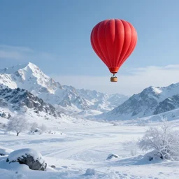 beautiful frozen landscape, snowy mountains, with a single red floating hot air balloon up in the air, matte painting, fantasy